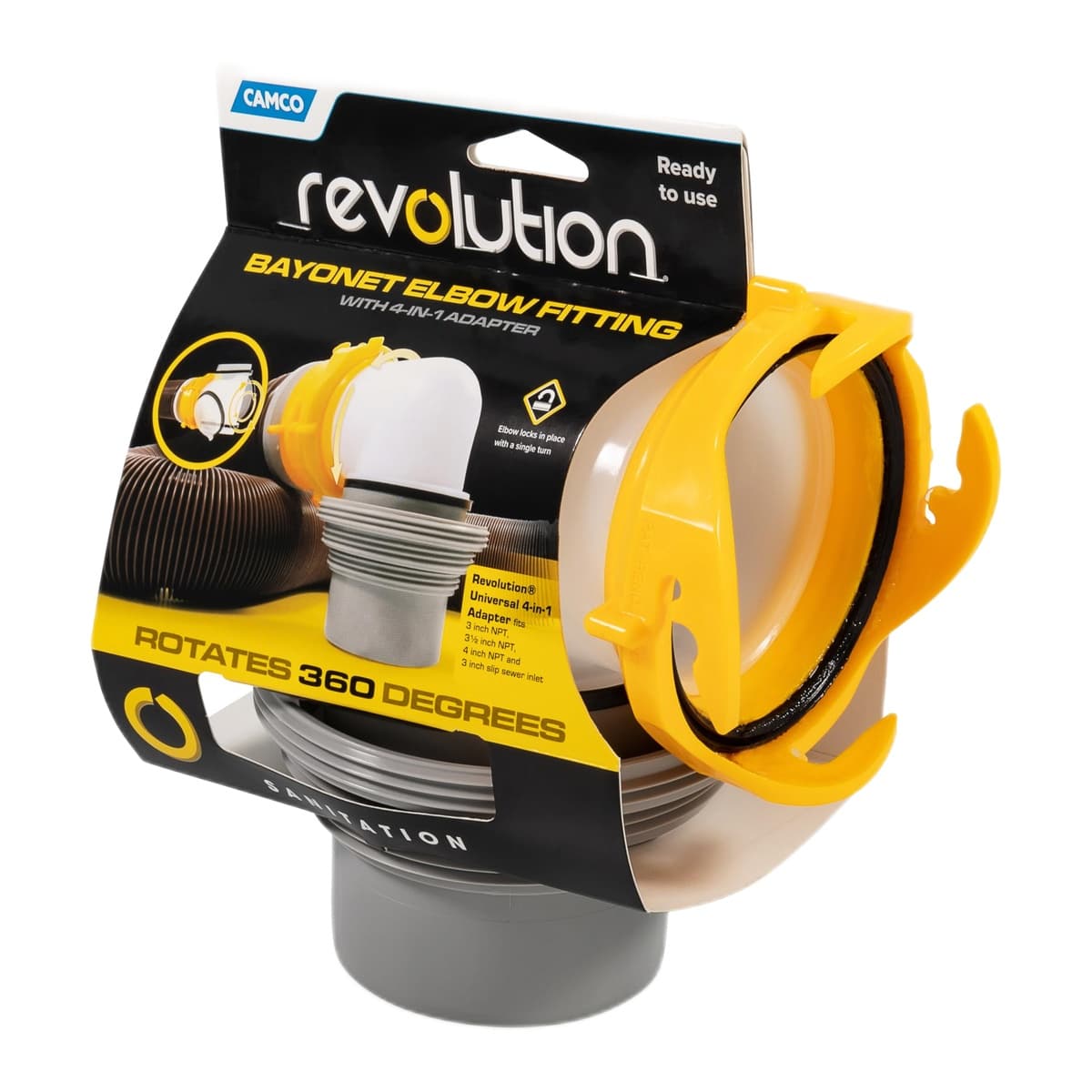 Camco Revolution RV Sewer Hose Elbow with 4-in-1 Adapter | 360° Swivel