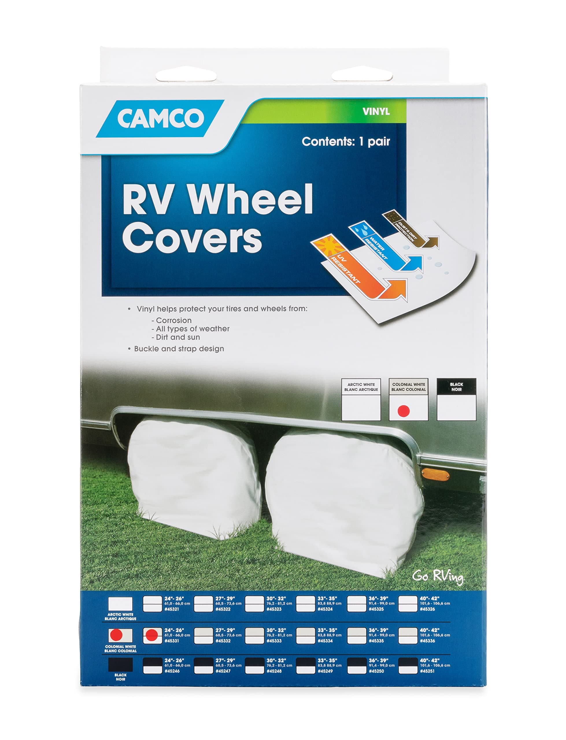 Camco Vinyl RV Wheel & Tire Covers | 33"-35" Tires, Set of 2, Arctic White
