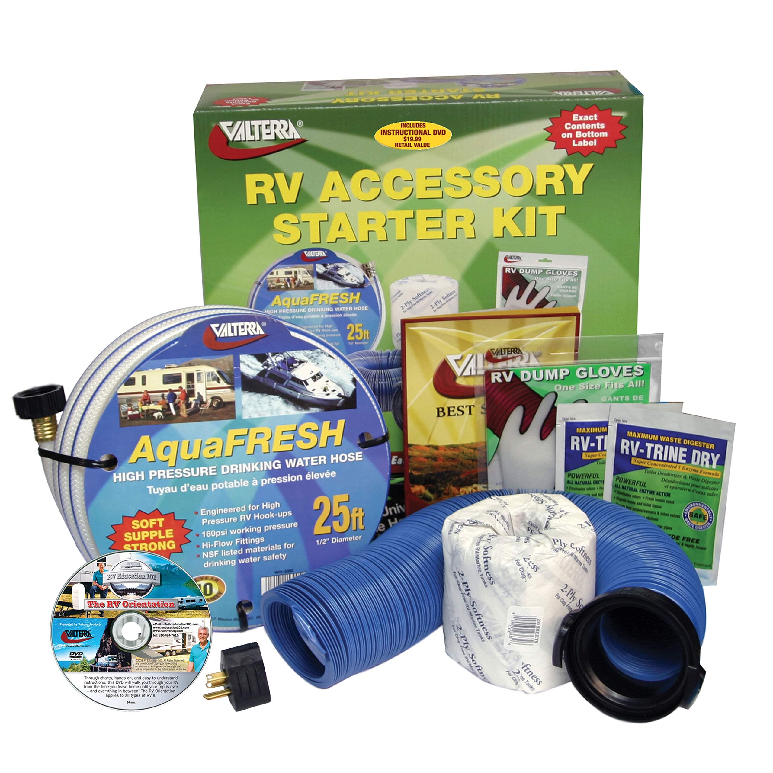 Valterra Deluxe RV Accessory Starter Kit | Hoses, Regulator, Treatments & DVD