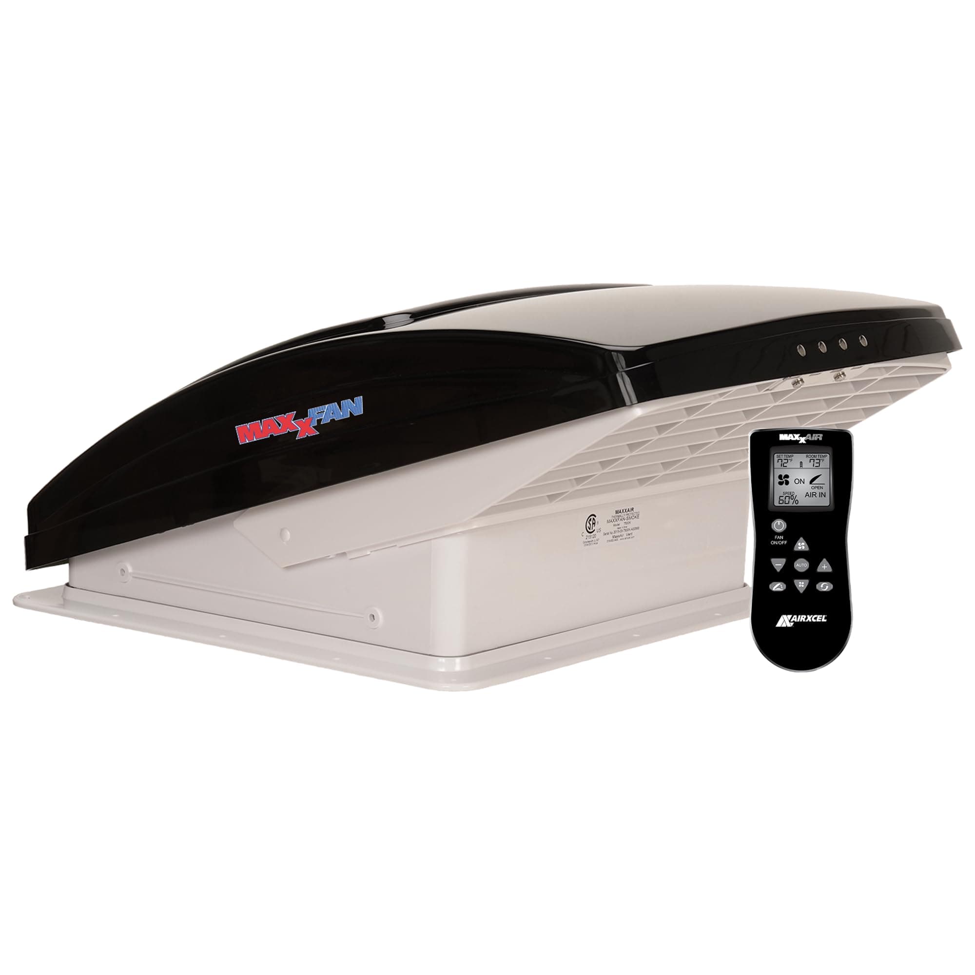 MaxxAir Maxxfan Deluxe RV Roof Vent | Powered Lift, 10-Speed Reversible Fan, Thermostat & Remote, Smoke