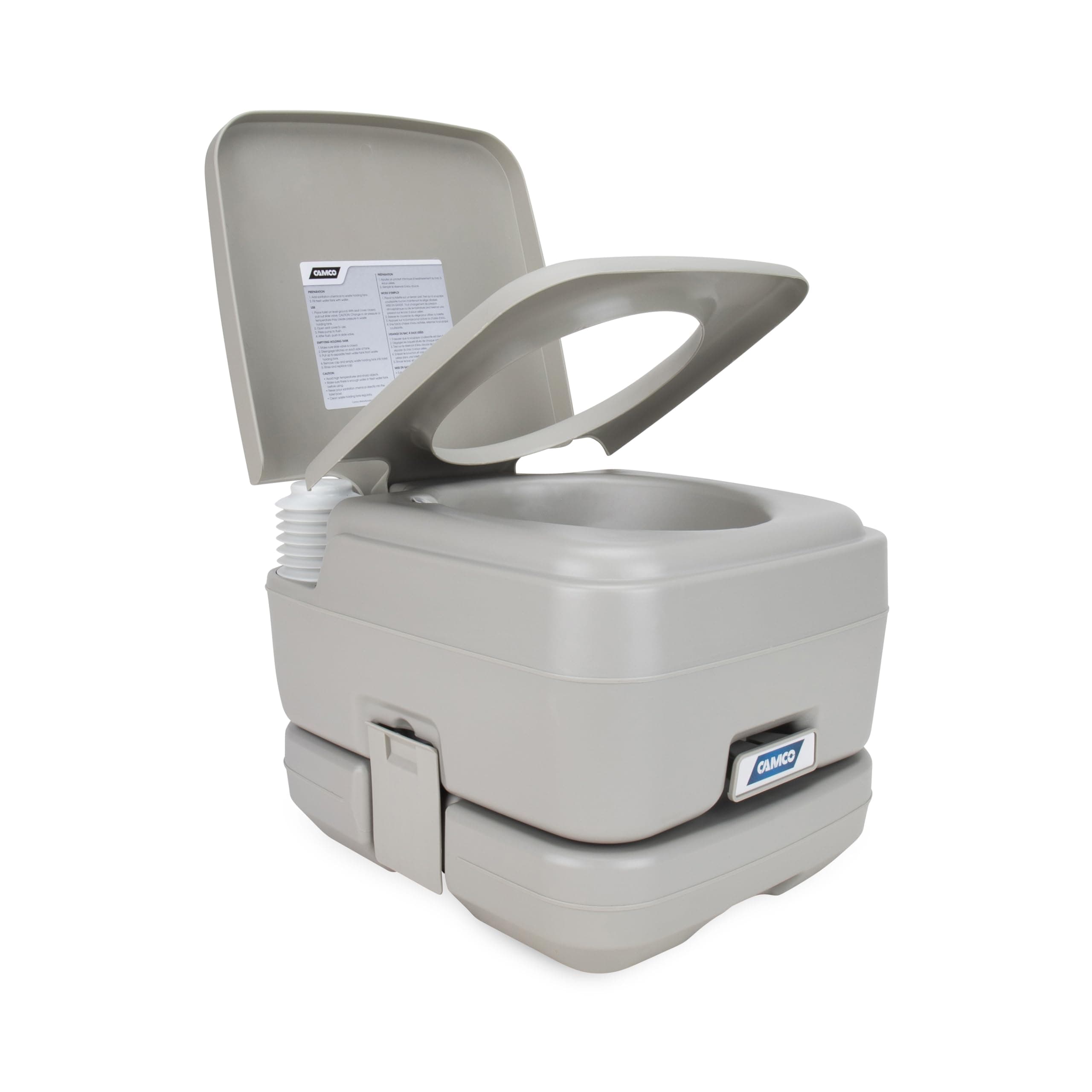 Camco 5.3-Gallon Portable Toilet | Detachable Tank, Bellows Flush, Gray