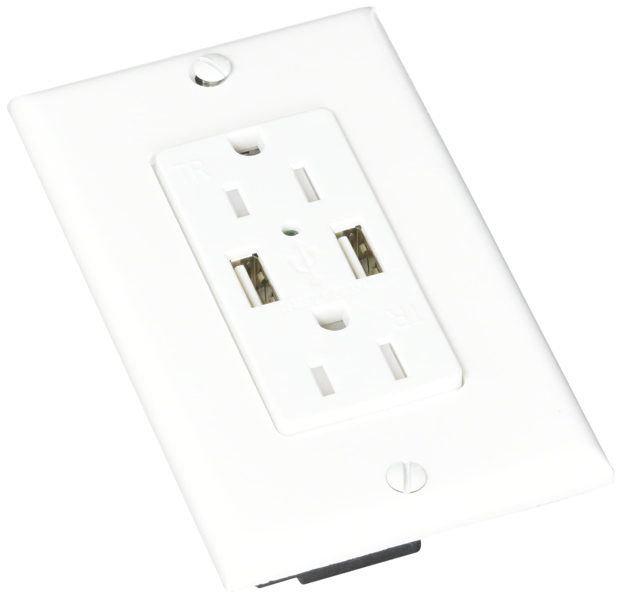 Diamond Group Dual USB Charger with Duplex Outlet | White, 120V AC + USB