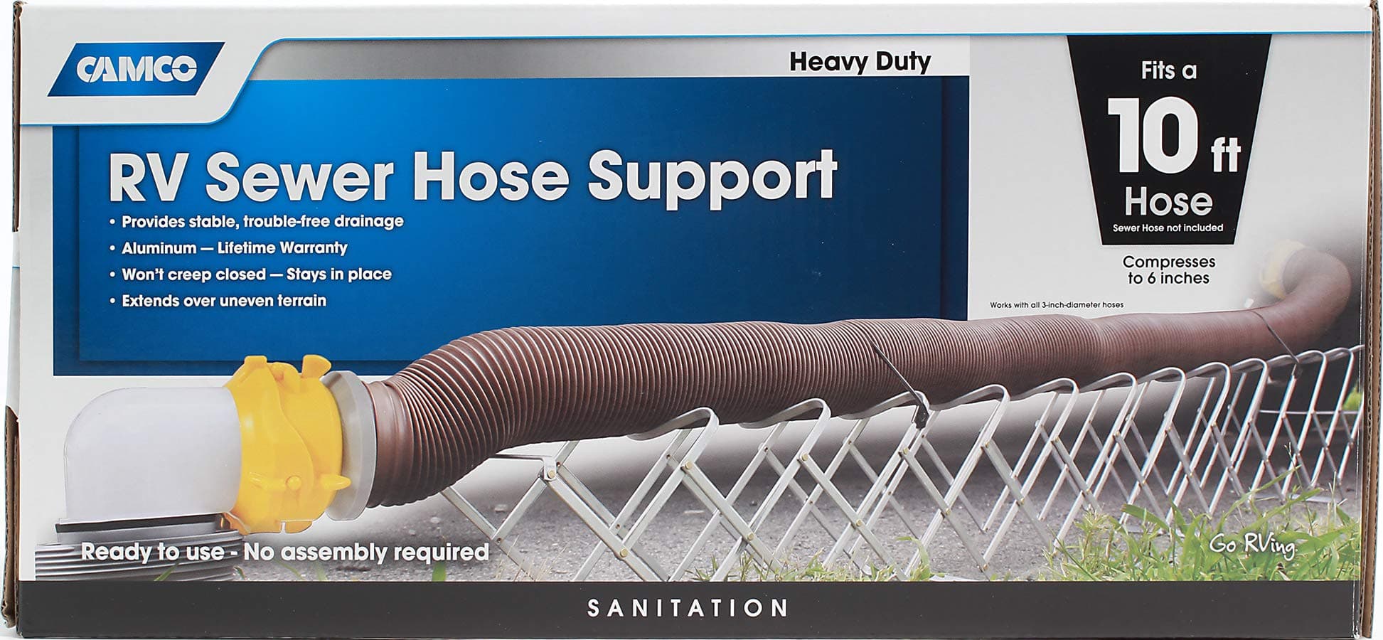 Camco Folding Aluminum Sewer Hose Support | 15 ft, Fits 3" Diameter Hoses, Includes Strap Kit
