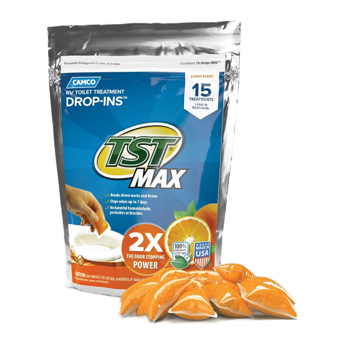 Camco TST MAX RV Toilet Treatment Drop-Ins | Orange, 15-Pack