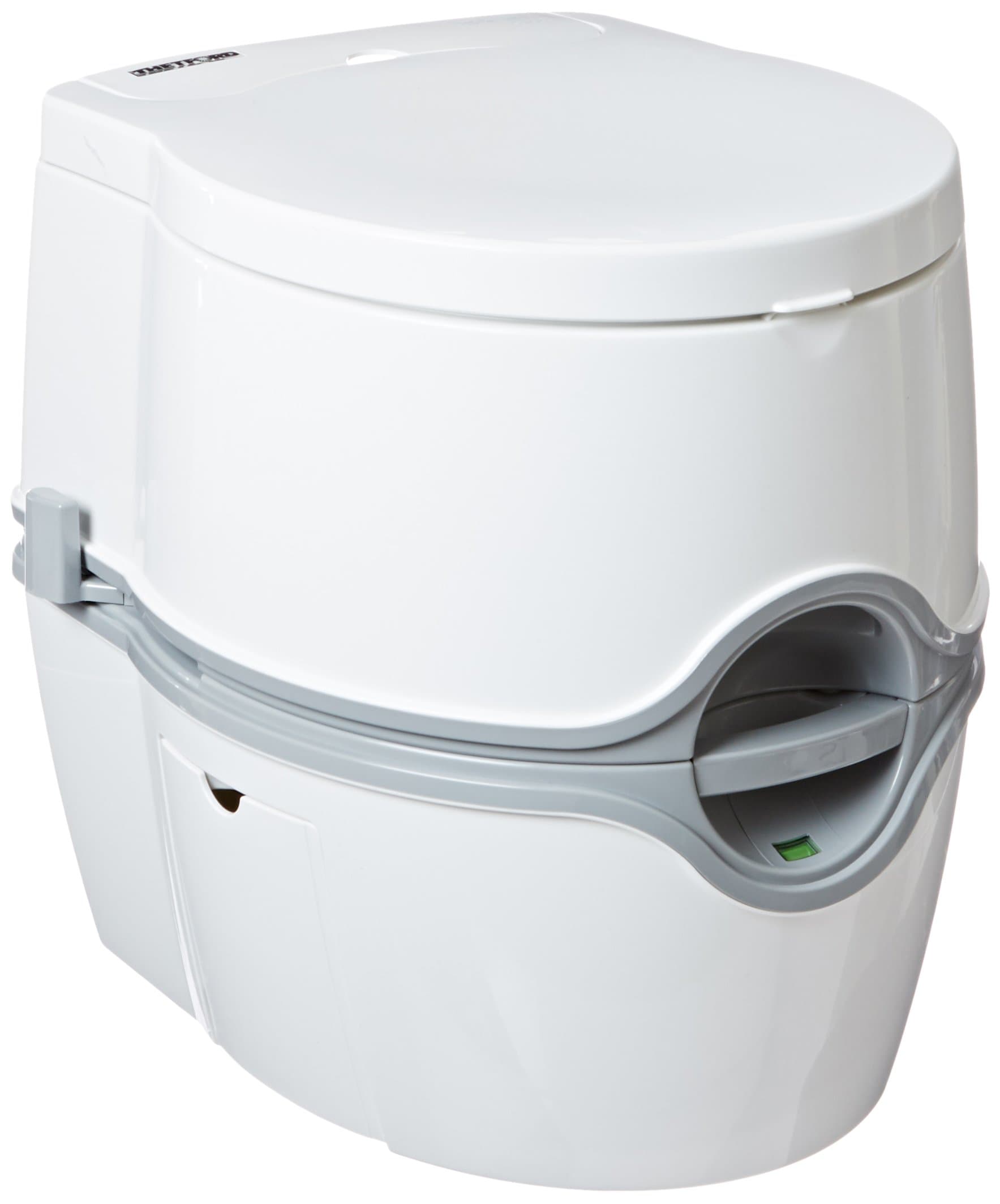 Thetford Porta Potti 565E Portable Toilet | 5.5-Gal Waste Tank, Battery Flush, White/Gray