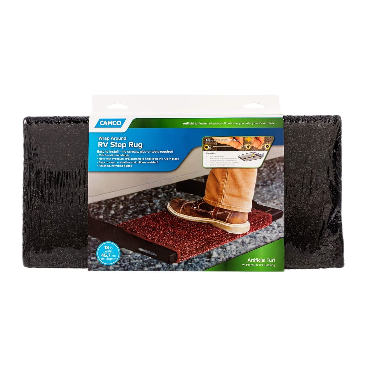Camco Premium Wrap-Around RV Step Rug, Turf, 17.5 x 18 In, Black