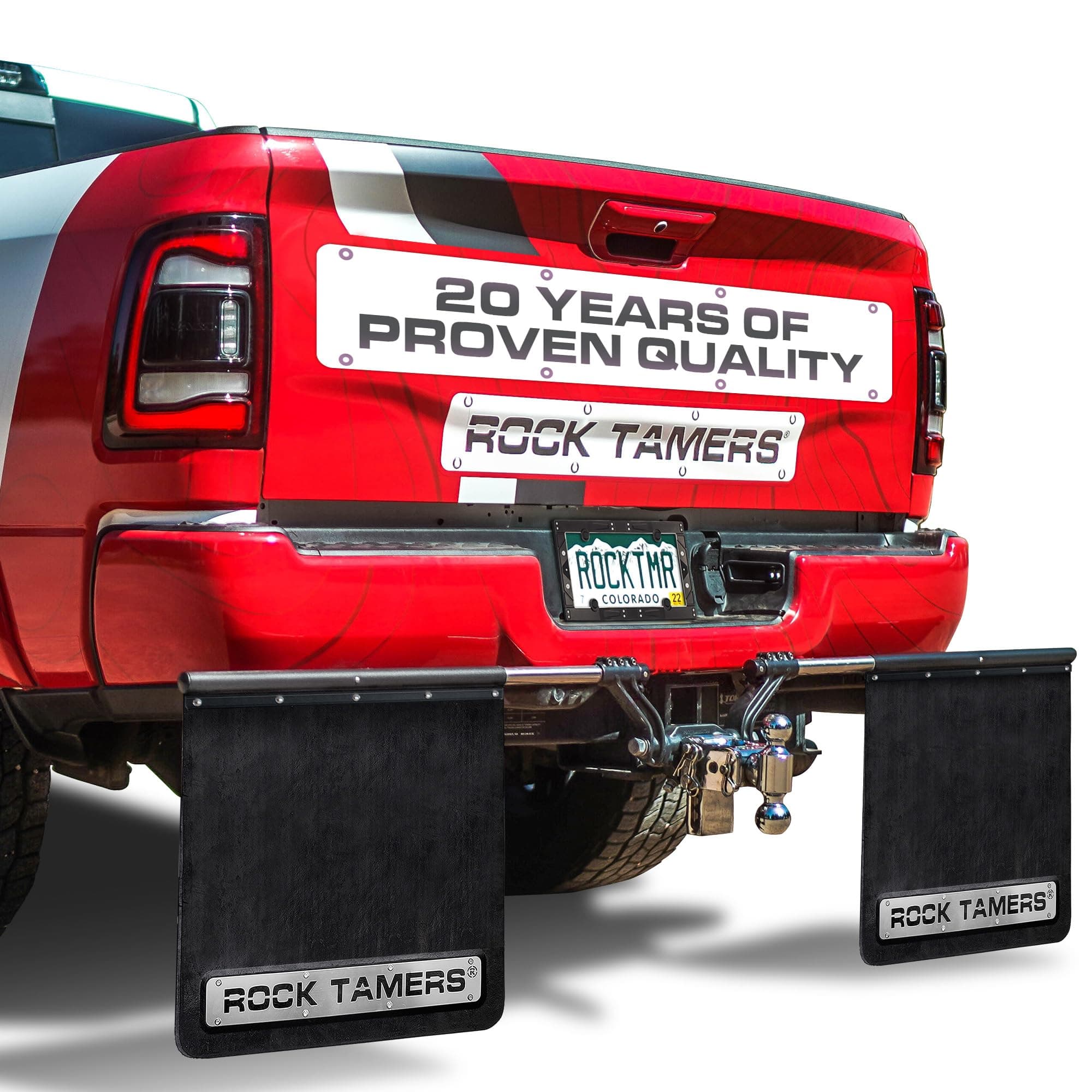 Rock Tamers 2.5" Hitch-Mounted Mud Flap System | Matte Black & Stainless Steel Trim, Adjustable