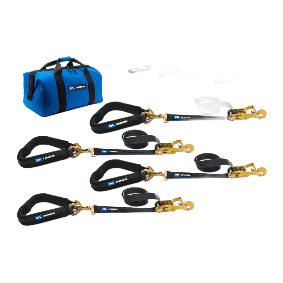Mac's Tow Pack, Blue 2in x 8ft Ratchet Straps with R-Hook and Direct Hook