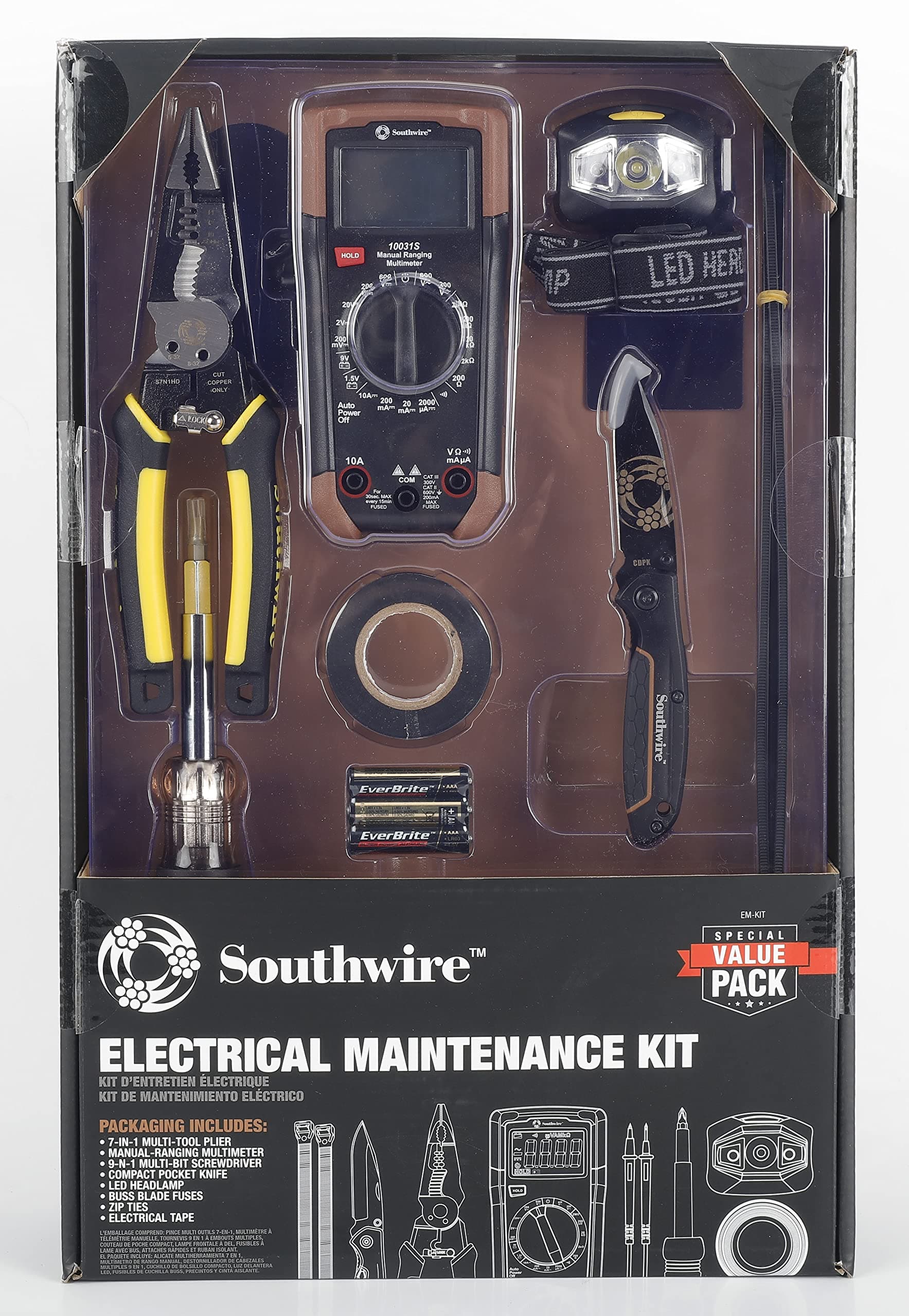 Southwire Electrical Maintenance Tool Kit | Multimeter, Pliers, Headlamp & More