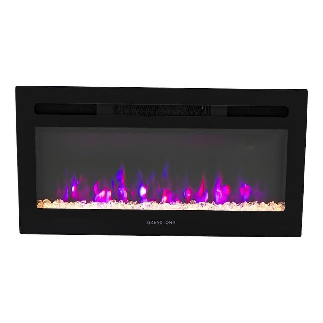 Greystone 31" Electric Fireplace | Black Glass Face, Crystal Log Set, 4-Color LED Flame, Remote