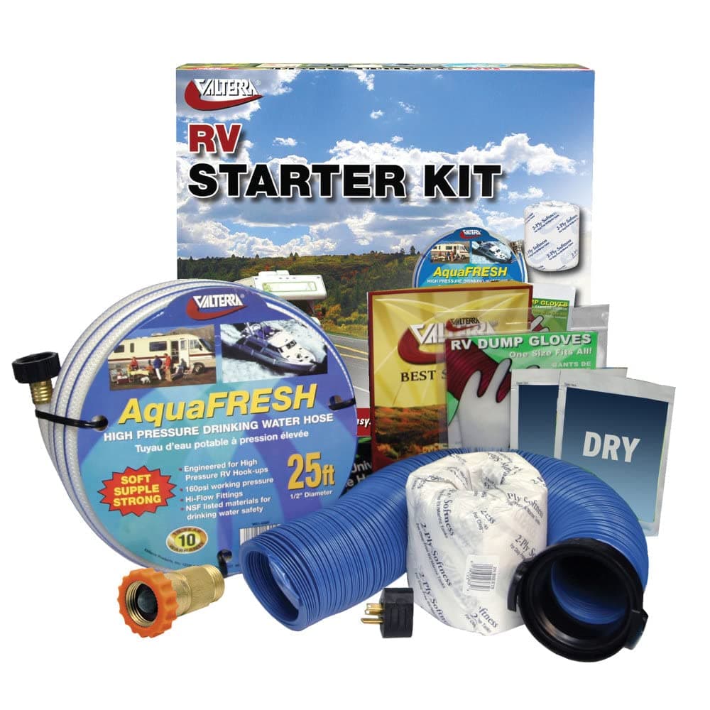 Valterra Standard RV Accessory Starter Kit | With Water Regulator, Drinking Hose & Drain Hose