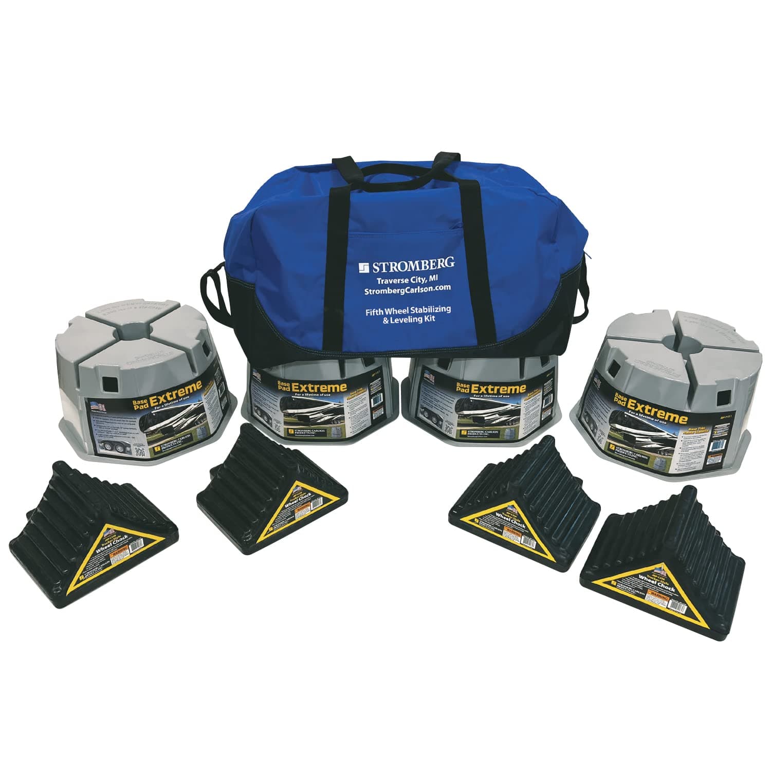 Stromberg Carlson Fifth Wheel Leveler Kit | 4 Wheel Chocks & 4 Base Pad Extremes