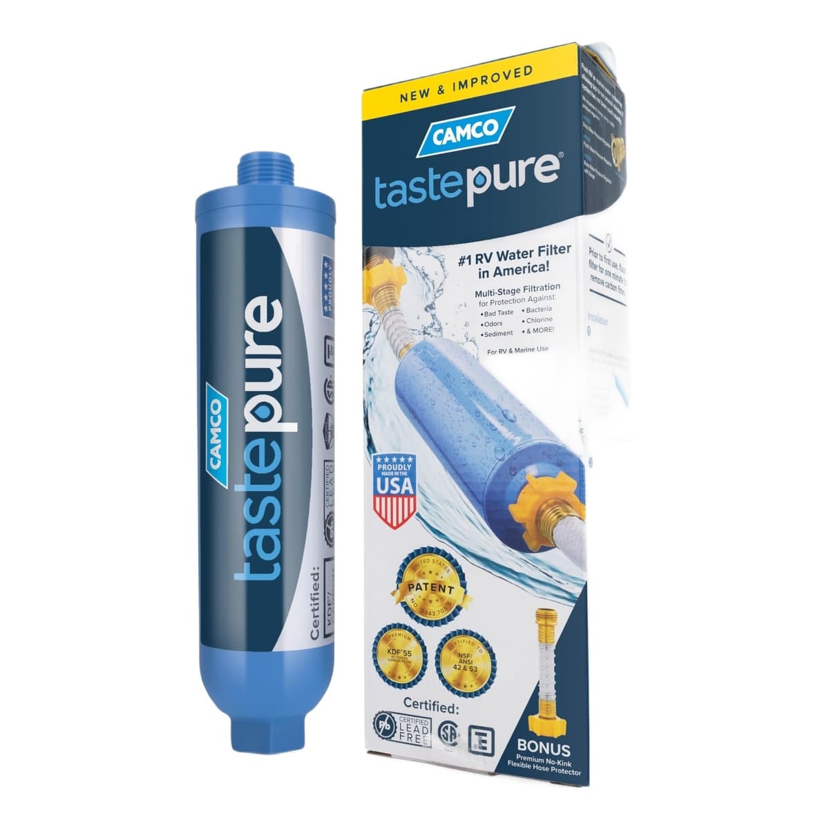 Camco TastePure RV Water Filter | GAC/KDF with Flexible Hose Protector
