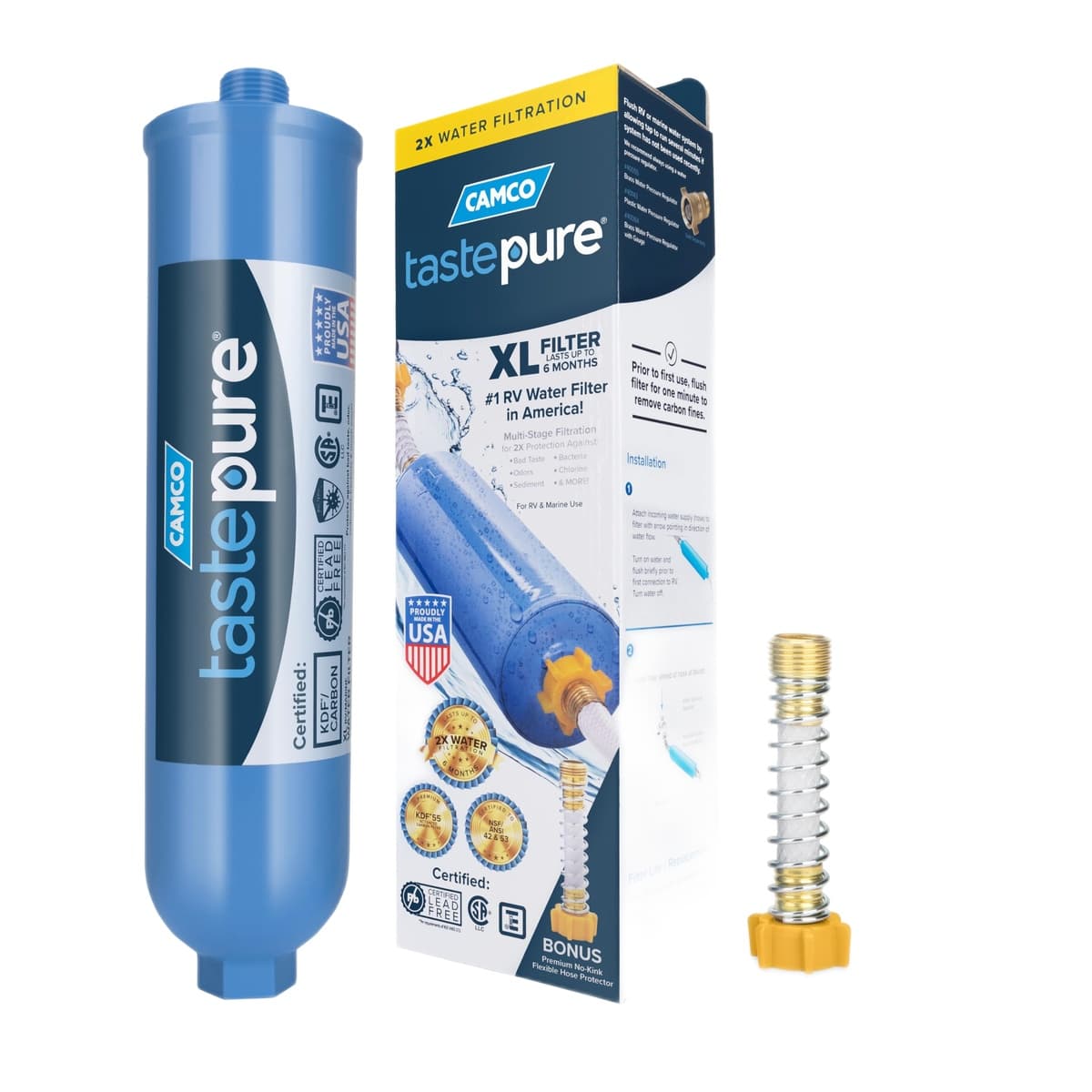 Camco TastePURE XL RV Water Filter | KDF, with Flexible Hose Protector