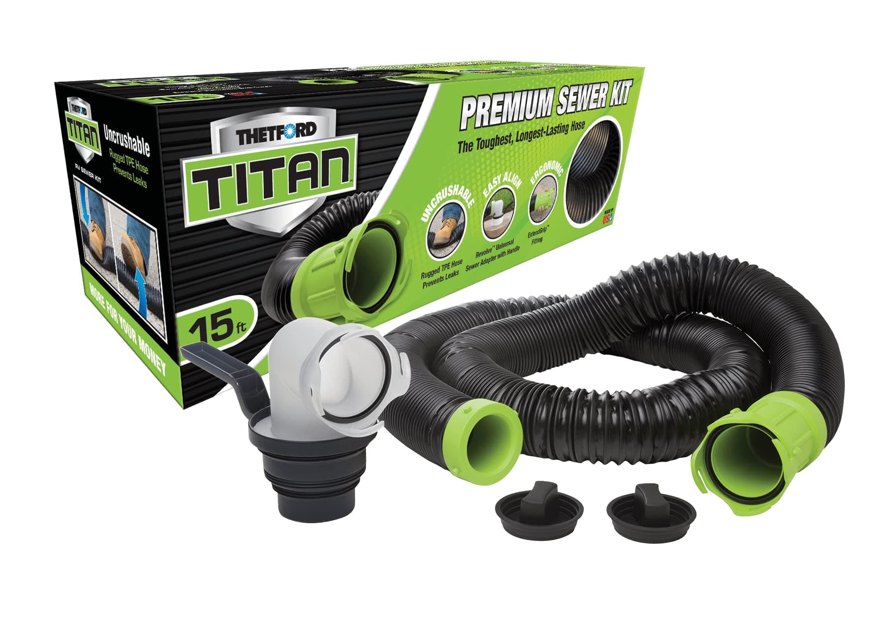 Thetford Titan Sewer Hose Kit | 15' TPE Hose with 5-in-1 Adapter