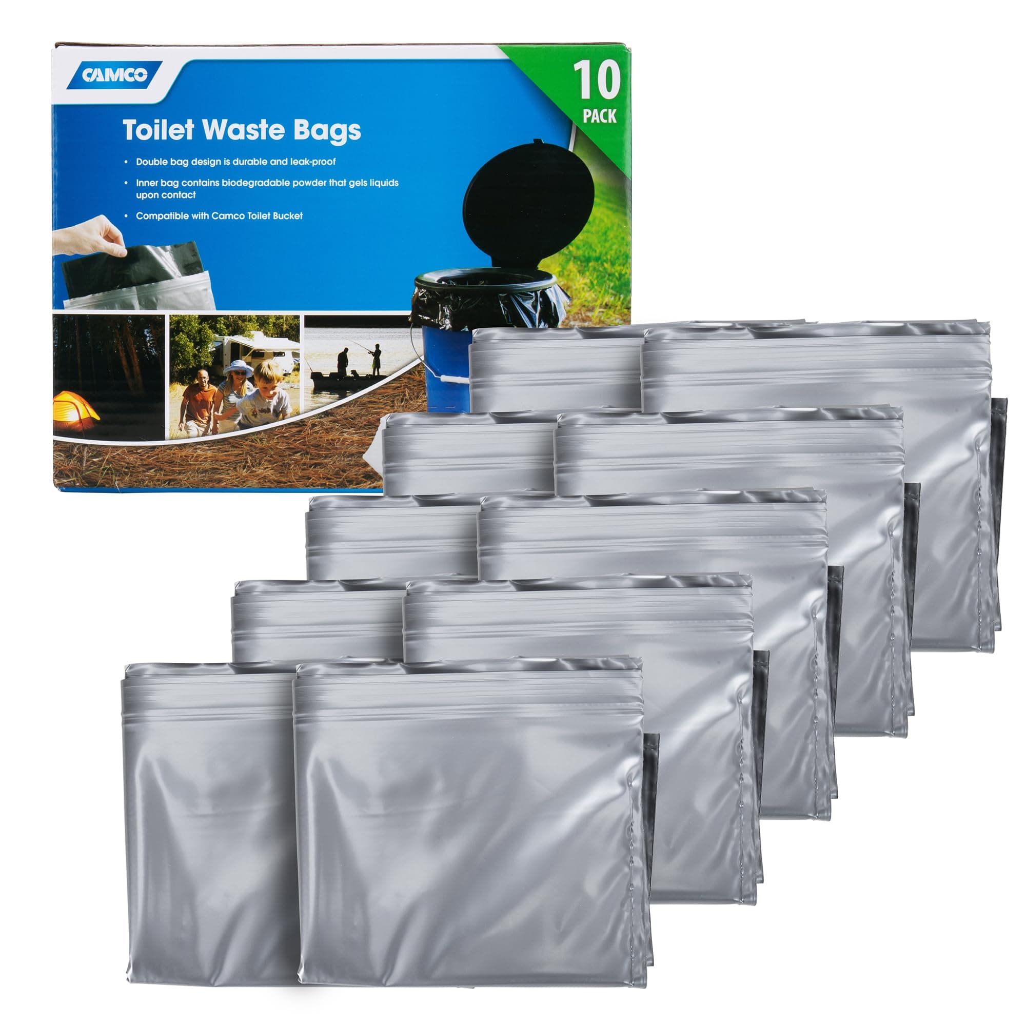 Camco Bucket Toilet Waste Bags | 10-Pack, Leak-Proof Double Bag, Gelling Powder