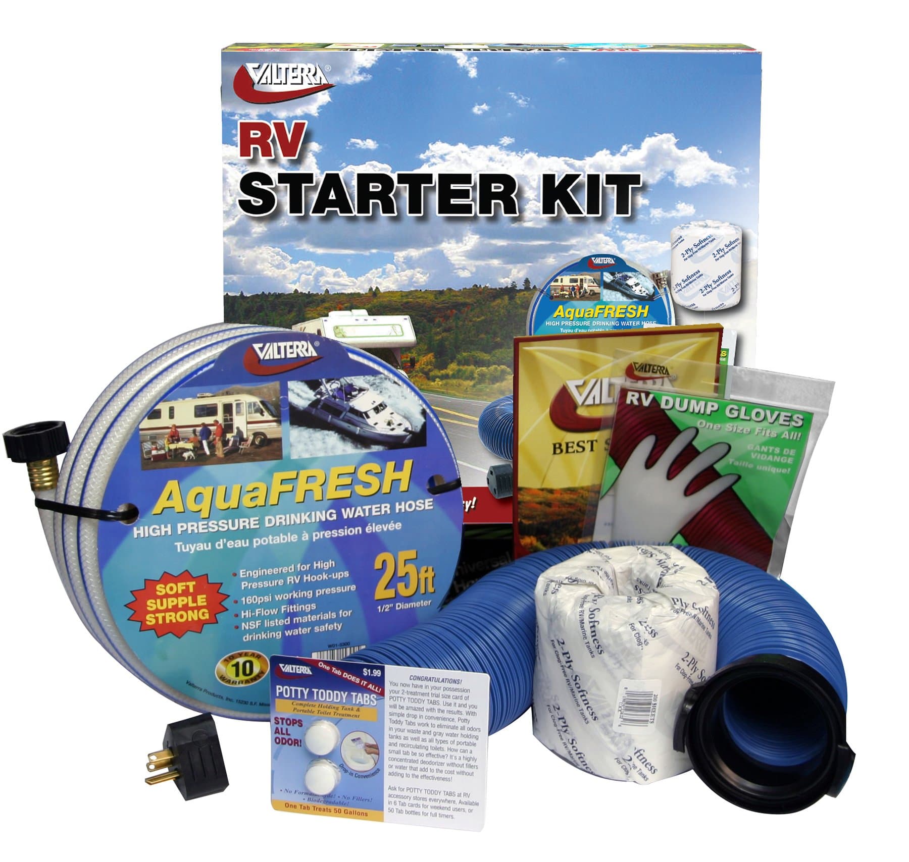Valterra Standard RV Starter Kit with Potty Toddy | Hose, Adapter, Toilet Chemicals