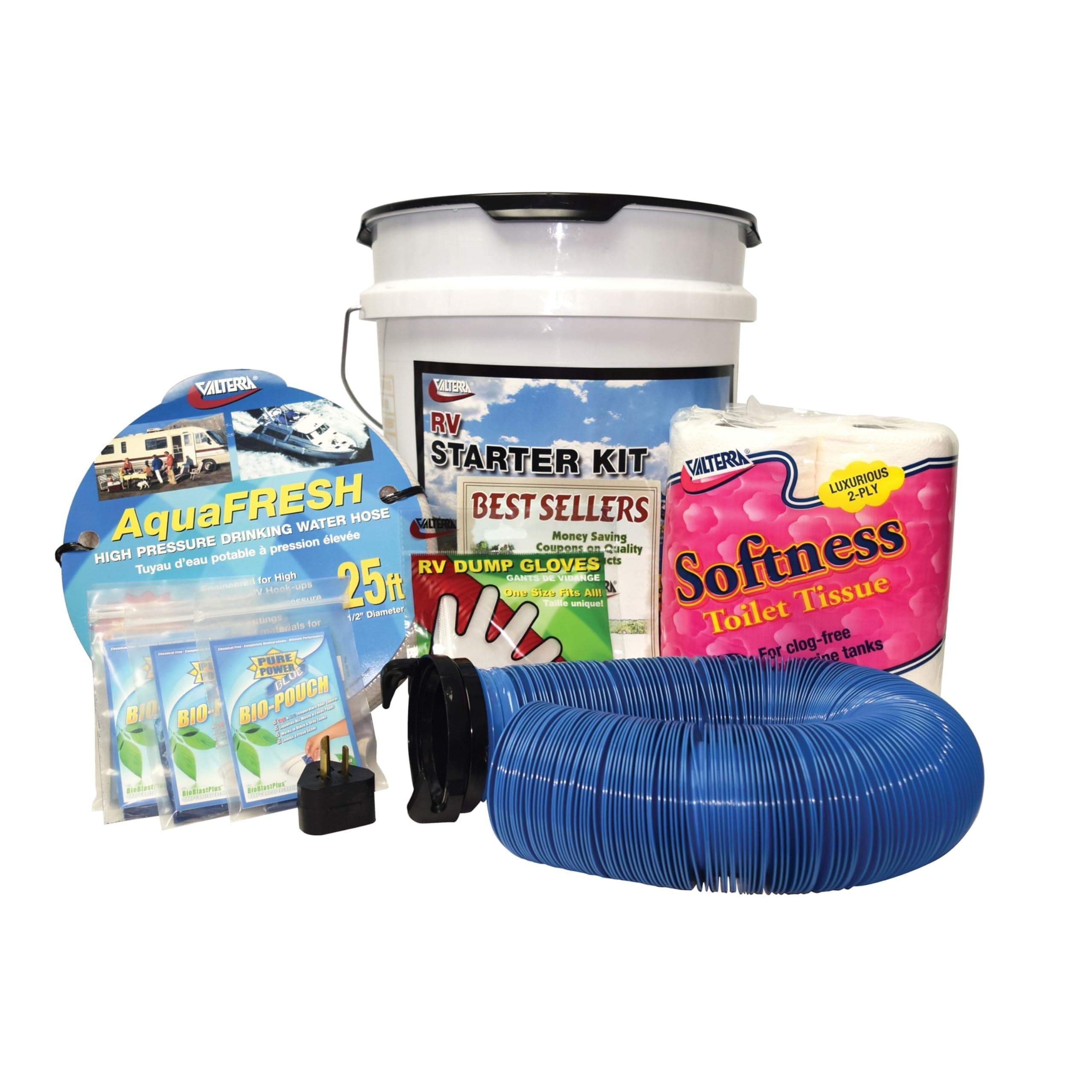 Valterra Deluxe RV Starter Kit in a Bucket | Sewer Hose, Water Hose, Regulator & Electrical Adapter