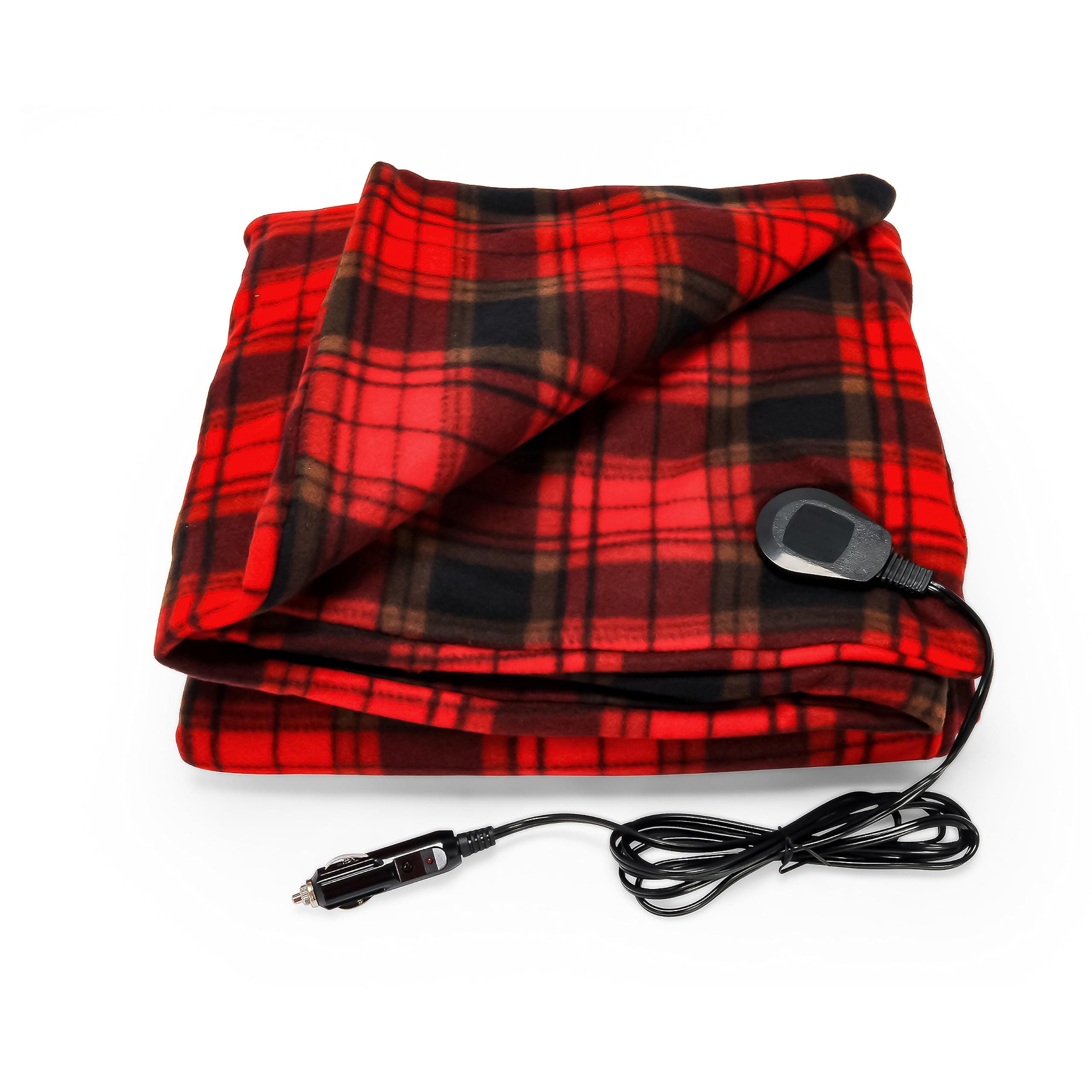 Camco 12V Heated Travel Blanket | Fleece, 59" x 43", Plaid, 7-Ft Cord